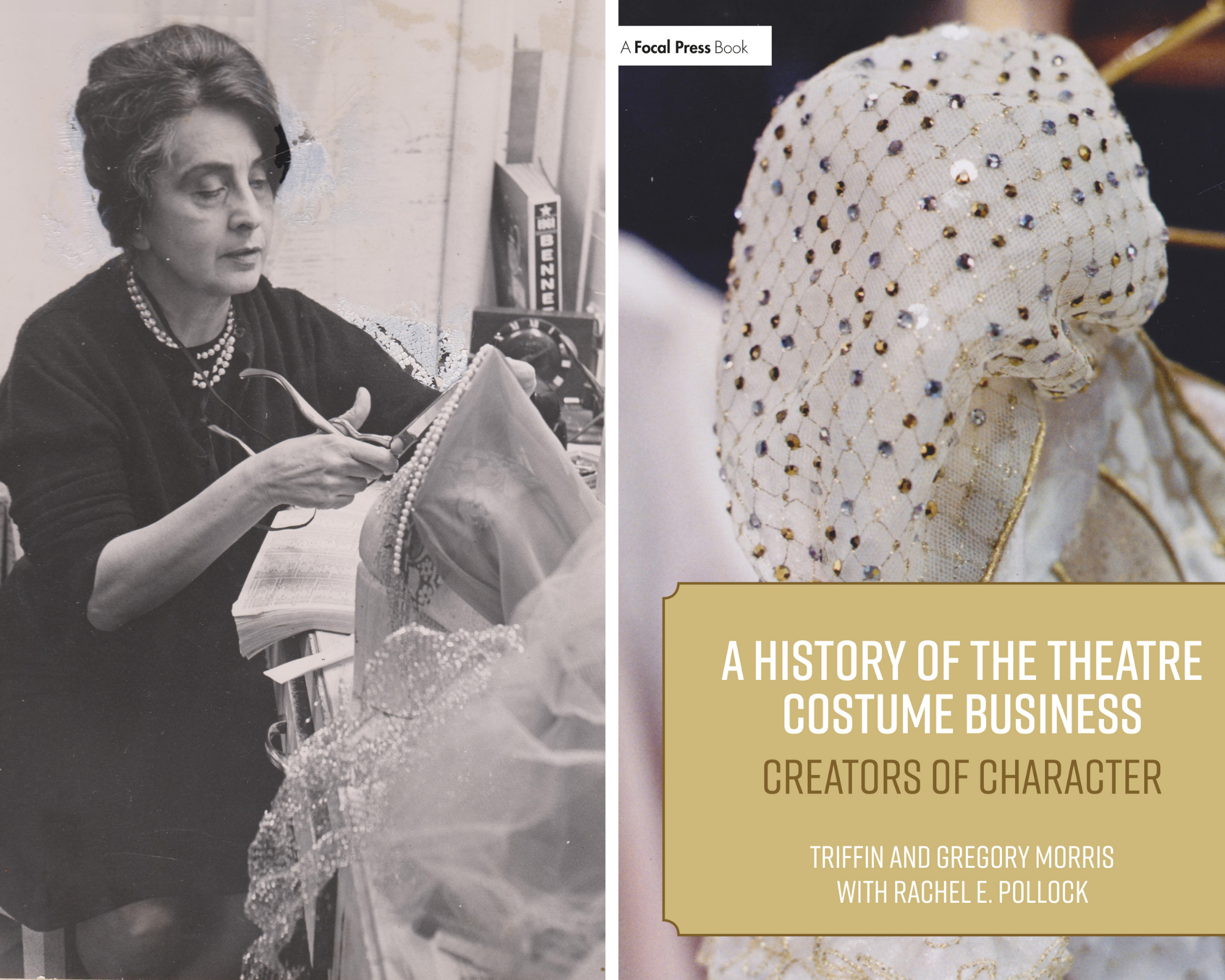 On the left, photo of costume designer Helene Pons, on the right book cover for the featured book.