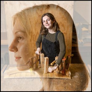 Sarah Ellen Dean working on wood sculpture with a profile shot of her face in the background