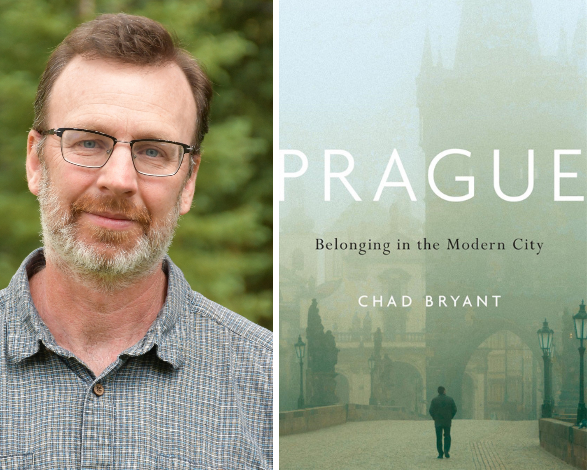Collage; photo on left: author Chad Bryant; book cover for "Prague" on the right.