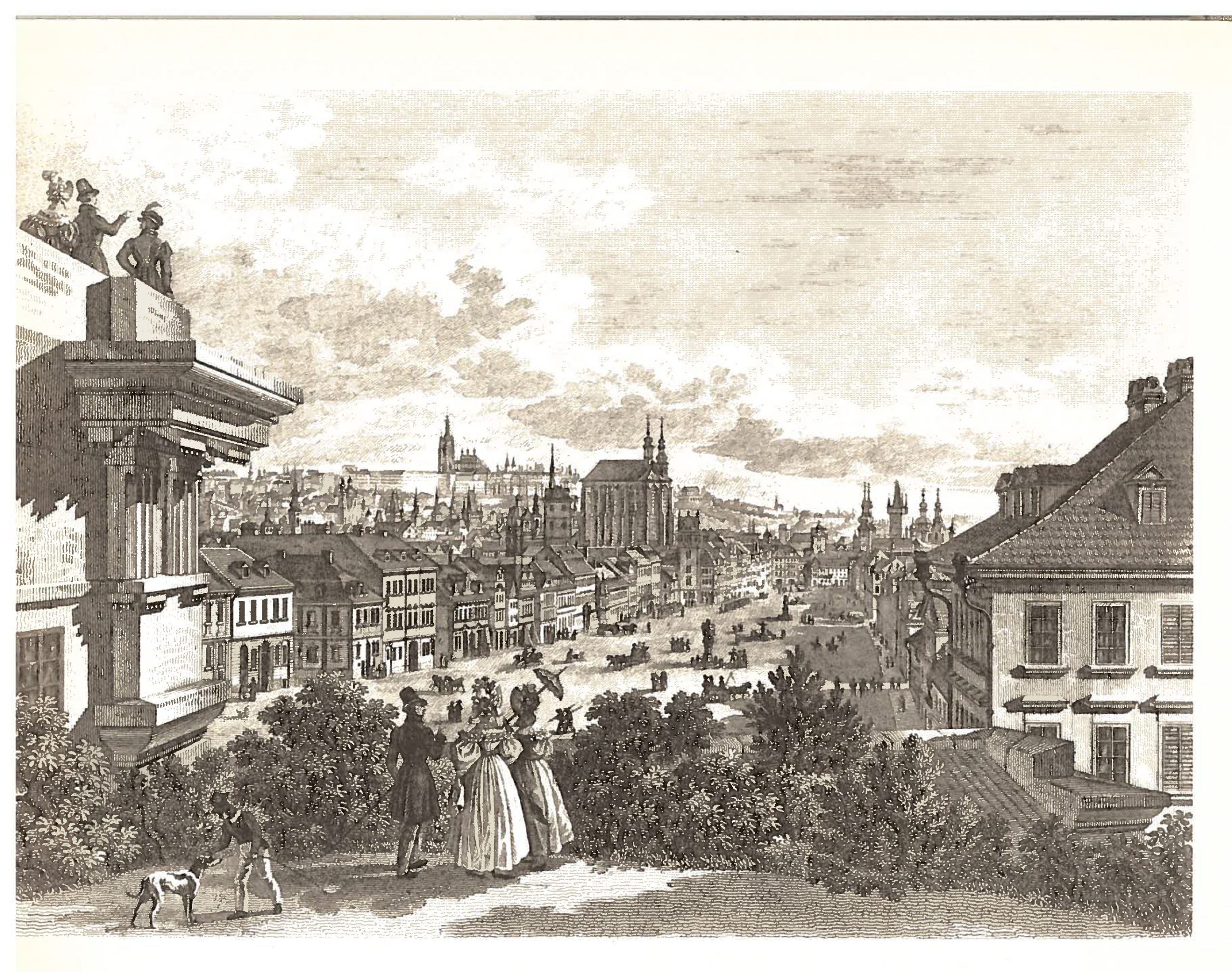 In an old lithograph, people stroll along Horse Square in Prague. Dates to 1835.