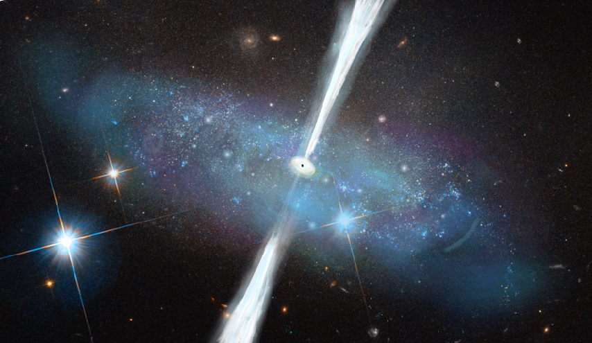 The newly discovered massive black holes reside in dwarf galaxies, where their radiation competes with the light of abundant young stars. Original image by NASA & ESA/Hubble, artistic conception of black hole with jet by M. Polimera.
