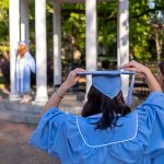 Two female graduates in caps and gowns stand with their backs to the camera facing the Old Well.