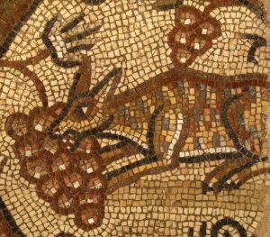 Mosaic depicting a fox eating grapes in the ancient synagogue at Huqoq. (photo by Jim Haberman)