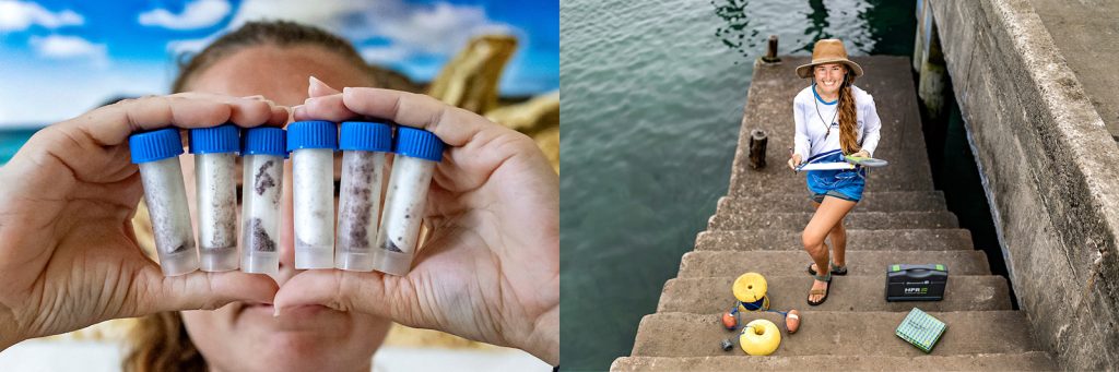 Above left: Savannah Ryburn holds tubes that contain water filter papers that are used for extracting DNA samples from the water to study the habitat of juvenile scalloped hammerhead sharks. Right: Ryburn stands on stairs leading down to the water.