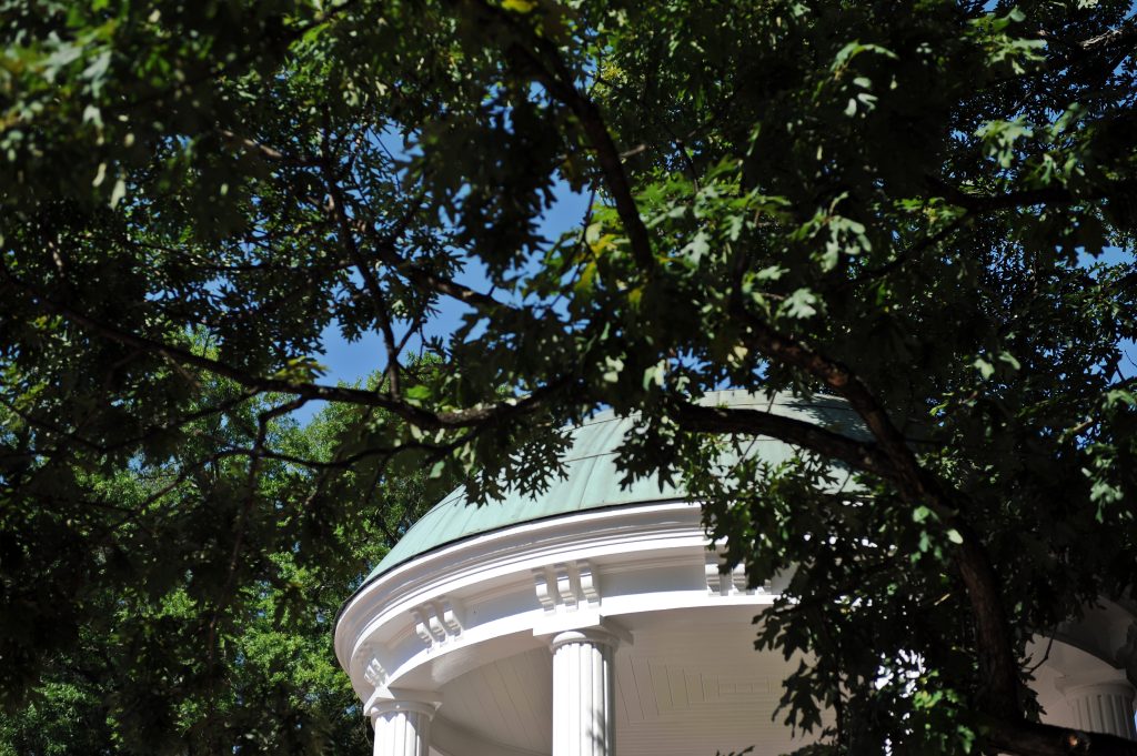 A close up of the Old Well's Carolina blue dome in the summer