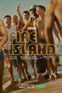 Poster shows a group of people on the beach with the words "Fire Island" on it" 