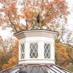 The cupola of Hyde Hall with fall foliage behind it. On top of the cupola is an small owl.