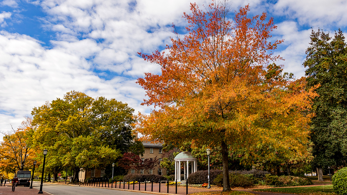 The Old Well and surrounding landscape, including fall foliage.