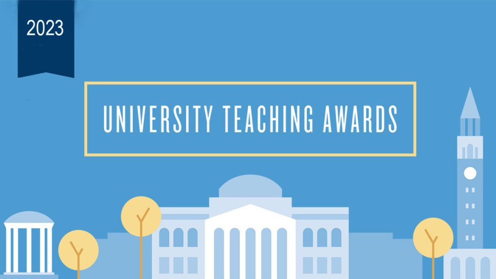 Graphic shows a cartoon drawing image of the Old Well, South Bldg. and the Bell Tower, with the words University Teaching Awards 2023 on a Carolina blue background.