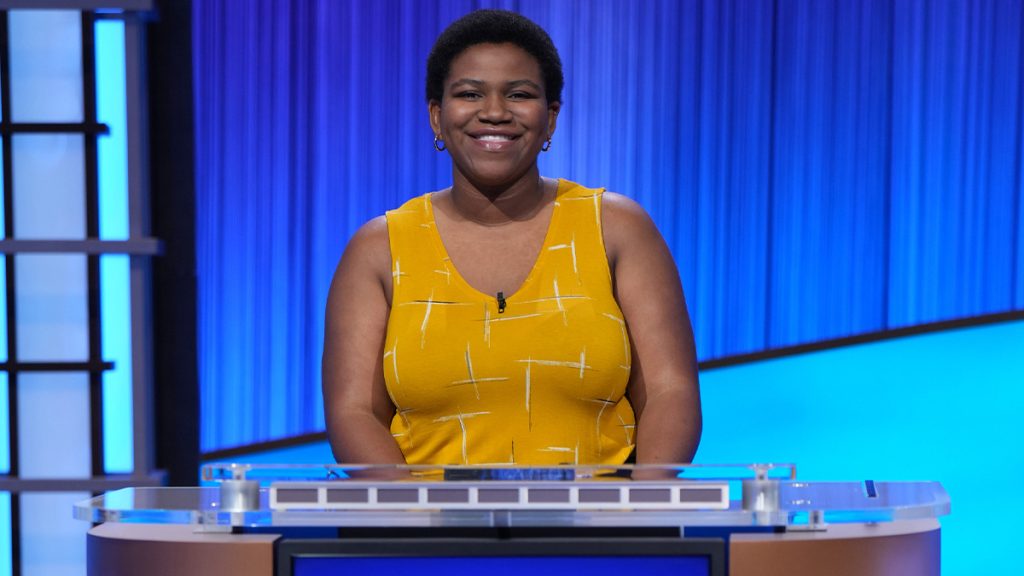 Headshot of Stephanie Pierson on stage at "Jeopardy!"