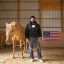 Matthew Colon stands in a barn with a horse, holding its reins.