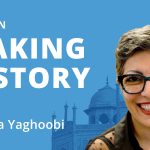 Text on a blue background "Women Making History featuring Claudia Yaghoobi" with a photo of Yaghoobi.