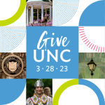 The words Give UNC 3-28-23 are in the center of a collage of Carolina things, the Old Well, the University seal, a student in a cap and gown, etc.