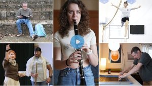 A collage of the artists featured in the video, clockwise from top left: Alex Gast, (center Madi Marks) , Emma Cooke, Bob Goldstein and Tracy Bersley.