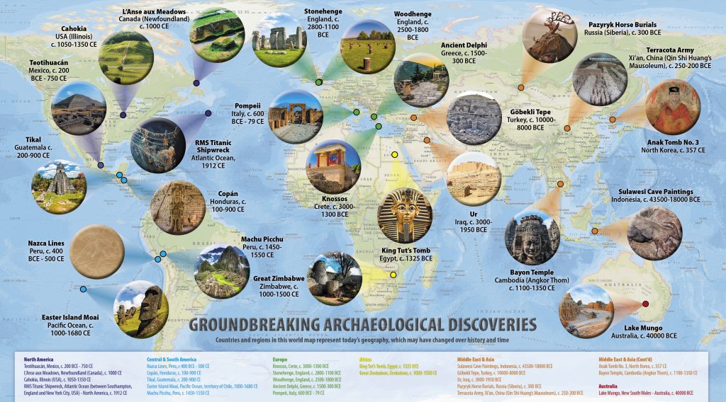 A spread from the book features a map with multiple archaeological sites.