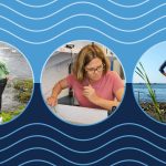 Background image shows blue waves with three photos of water researchers, from left to right: Xiao-Ming Liu, Janet Nye and Rachel Noble.