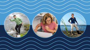 Background image shows blue waves with three photos of water researchers, from left to right: Xiao-Ming Liu, Janet Nye and Rachel Noble.