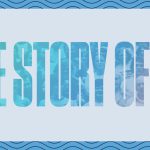 Banner with "The Story of Us" in multicolored letters that show parts of a photograph of a large group of people. Pale gray background and blue border with dark wavy lines.