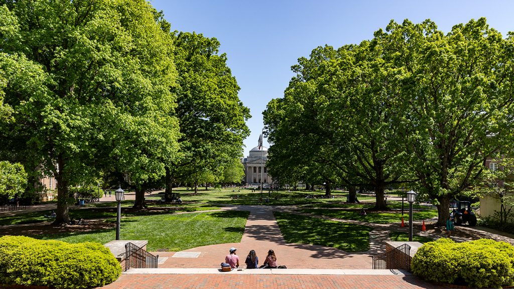 A view of pretty green trees on Polk Place, taken from the steps of South Building across the lawn with Wilson Library in the distance.