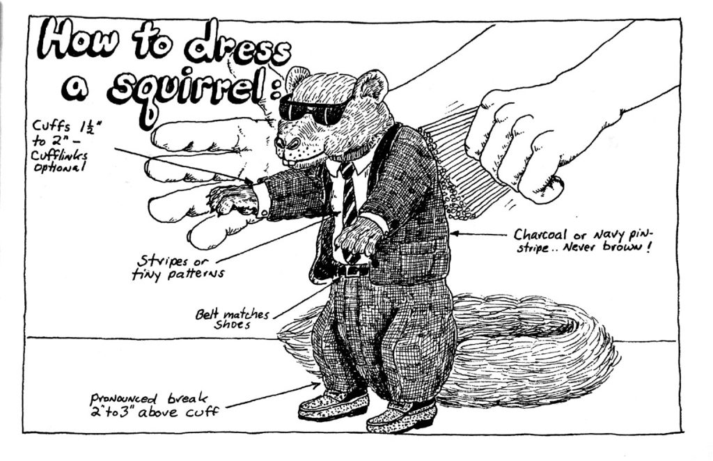 Drawing of a squirrel in a dress suit and tie with text "How to Dress a Squirrel" written above the photo.