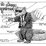 Drawing of a squirrel in a dress suit and tie with text "How to Dress a Squirrel" written above the photo.