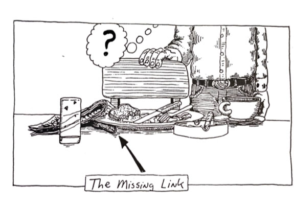 Illustration of a plate of breakfast food and coffee. A sausage link is underneath the plate and an arrow points to the words "The Missing Link."