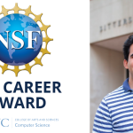 Photo of Saba Eskandarian standing outside Sitterson Hall is placed on a graphic that says "NSF Career Award," with the computer science department logo.