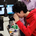 A graduate student looks through a microscope.