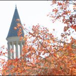 The Bell Tower's dome cap is surrounded by fall leaves.