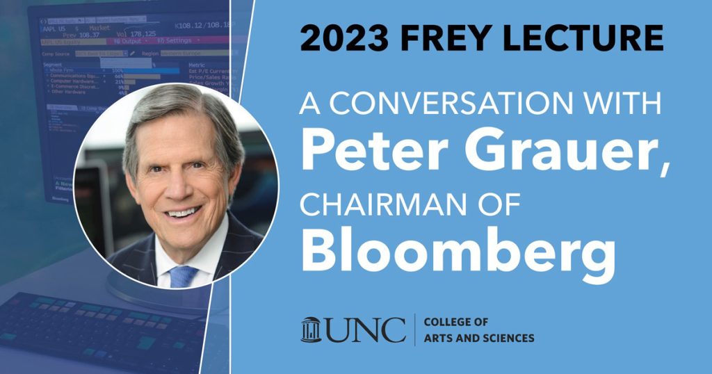 To the left is a computer screen with stock exchange tickertape and a headshot of Peter Grauer. Text on the graphic reads: A conversation with Peter Grauer, chairman of Bloomberg. 2023 Frey Lecture.