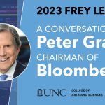 To the left is a computer screen with stock exchange tickertape and a headshot of Peter Grauer. Text on the graphic reads: A conversation with Peter Grauer, chairman of Bloomberg. 2023 Frey Lecture.