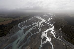 Overhead photo from a helicopter of the Waimakariri River.