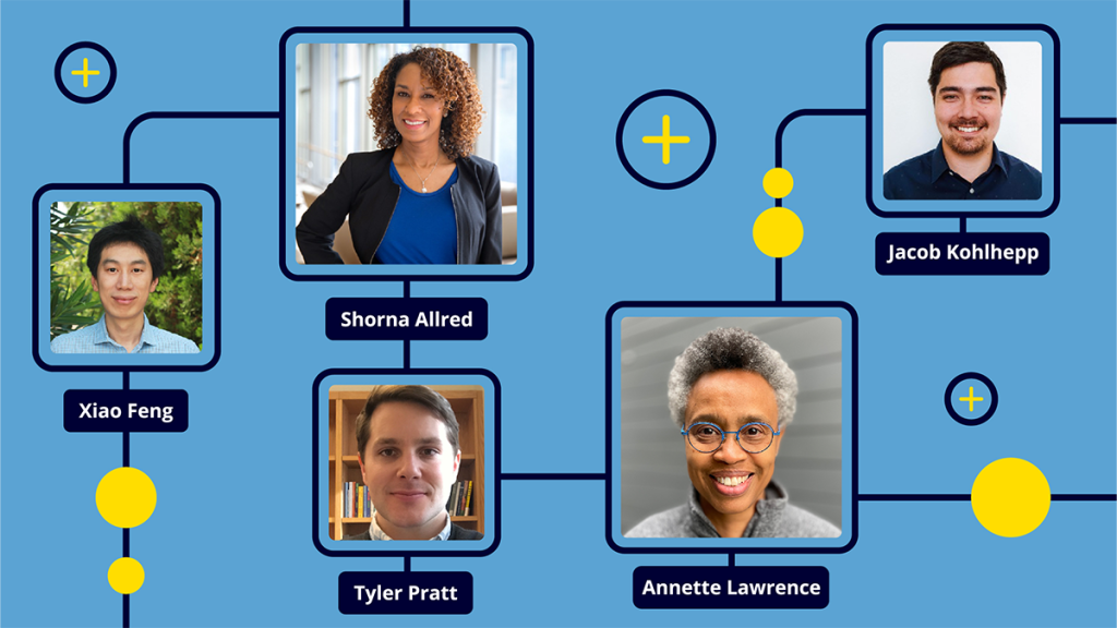 Graphic showing new faculty headshots, clockwise from left: Xiao Feng, Shorna Allred, Jacob Kohlhepp, Annette Lawrence and Tyler Pratt.