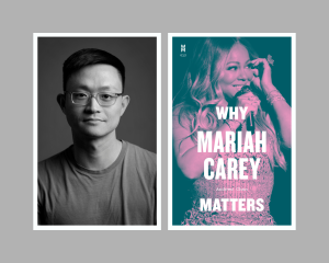 Collage: Left: headshot of Andrew Chan, right: cover of Mariah Carey book.