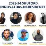 Graphic of the 2023-24 Shuford Innovators-in-Residence featuring their headshots, names and field.