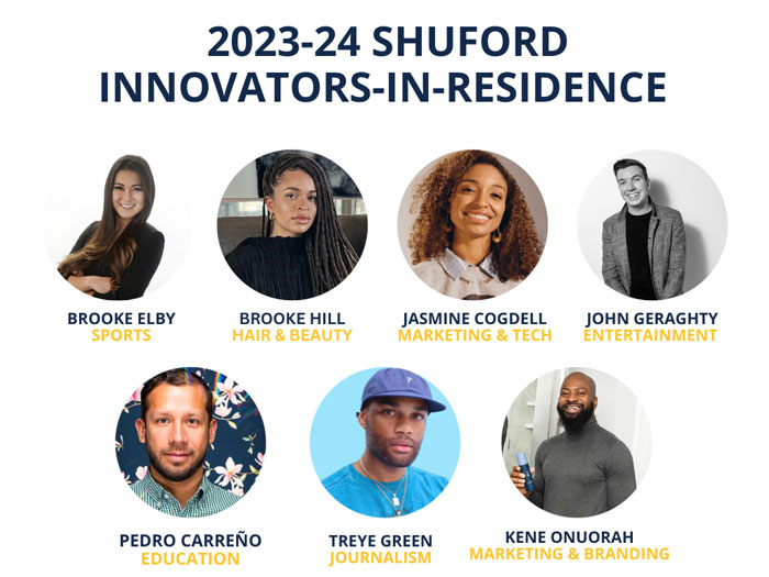 Graphic of the 2023-24 Shuford Innovators-in-Residence featuring their headshots, names and field. 