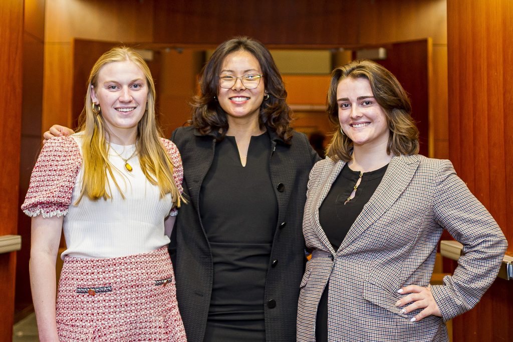 Three of the 2022-2023 Agora Fellows who attended theAbbey Speaker Series event, “A Conversation with Cal Cunningham and Thom Tillis,” (from left to right): Sarah Crow, Willow Yang and Maddux Vernon.