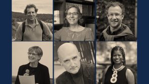 Collage of black-and-white headshots of IAH fellows: (top row, left-right) Adam Versényi, Nadia Yaqub and Todd Ramón Ochoa and (bottom row, left-right) Jan Bardsley, Ray Dooley and Renée Alexander Craft.