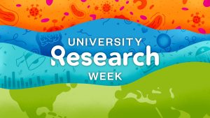 University Research Week is written on a colorful graphic of waves in orange, blue and green.