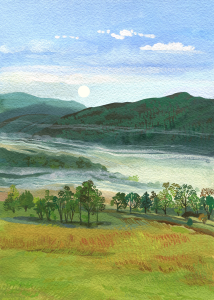 An illustration shows beautiful mountains, a flowing river and trees and green grass.