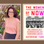 Collage on brown background: Left, author Katherine Turk, right: book cover image.