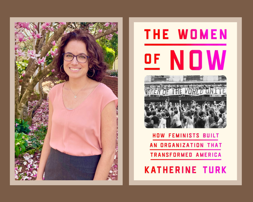 Collage on brown background: Left, author Katherine Turk, right: book cover image.