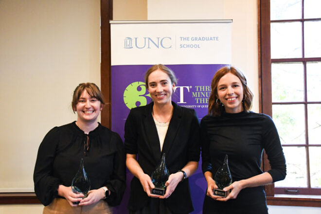 (left to right) Marielle Bond, Kirsten Giesbrecht and Rebecca Radomsky pose for a photo while holding awards.