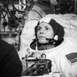 Zena Cardman in her astronaut gear. Black and white photo by Robert Markowitz/NASA.