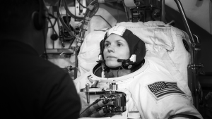Zena Cardman in her astronaut gear. Black and white photo by Robert Markowitz/NASA.
