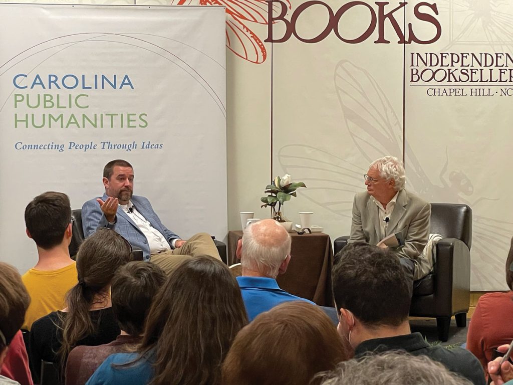 Kramer chats with history podcaster and author Mike Duncan as part of a 2022 event at Flyleaf Books in Chapel Hill. Kramer’s work on Lafayette is cited in Duncan’s book, “Hero of Two Worlds: The Marquis de Lafayette in the Age of Revolution.” (photo by Paul Bonnici)