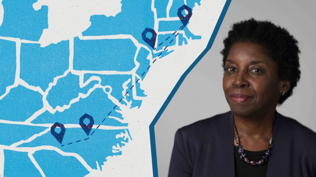 A headshot of Denise Murrell with a graphic of a U.S. map with pin points in Charlotte, Chapel Hill, Boston and New York City.